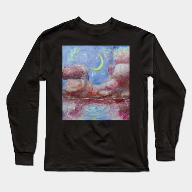 landscape watercolor aesthetic moon clouds Long Sleeve T-Shirt by maoudraw